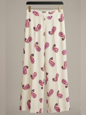 Etro 100% Silk Cream Wide-Leg Pants Pink Purple Paisley Motif (Sz S/6) Designer